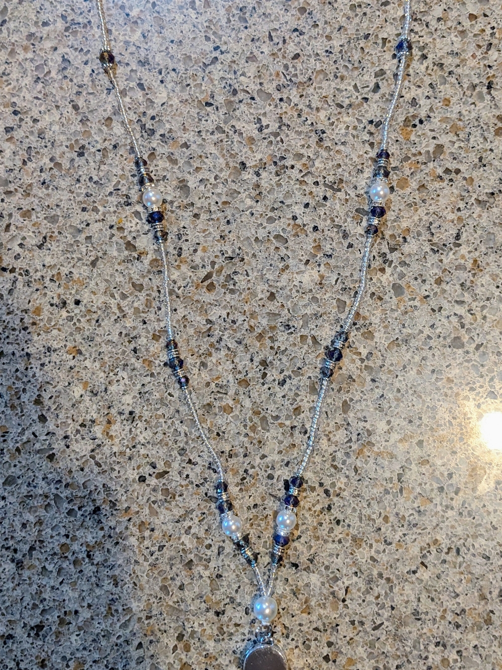 Elegant Silver-Tone Necklace Lanyard with Blue Beads and Pearls